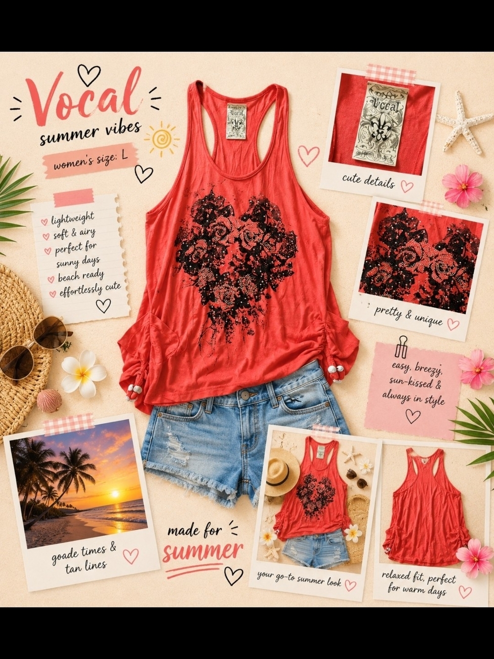 Vocal Red Scoop Neck Racerback Tank with Black Floral Heart